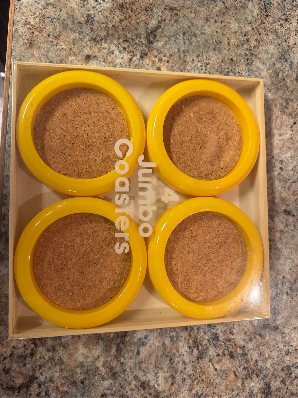 "Vintage MCM Retro Yellow Plastic Cork Coasters Set